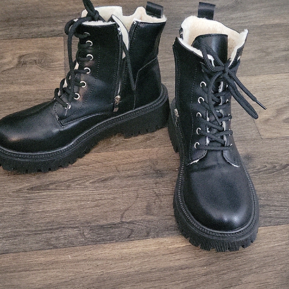 SHEIN Black Combat Boots with White Lining